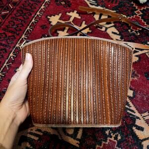 Vtg Italian Leather Crossbody Bucket Bag Purse Brown Braided